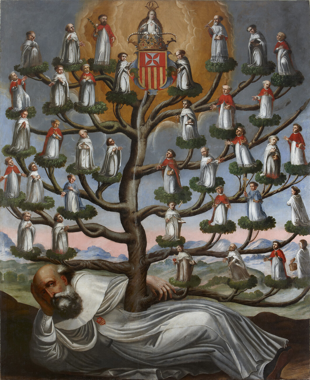 tree with people in robes on each branch. tree sits on man lying down in white robe