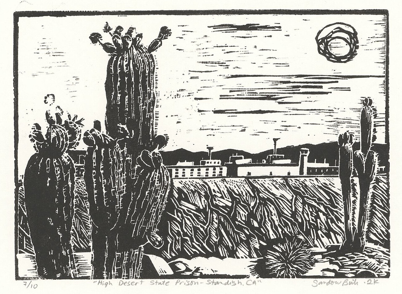 woodcut of cacti with prison in background