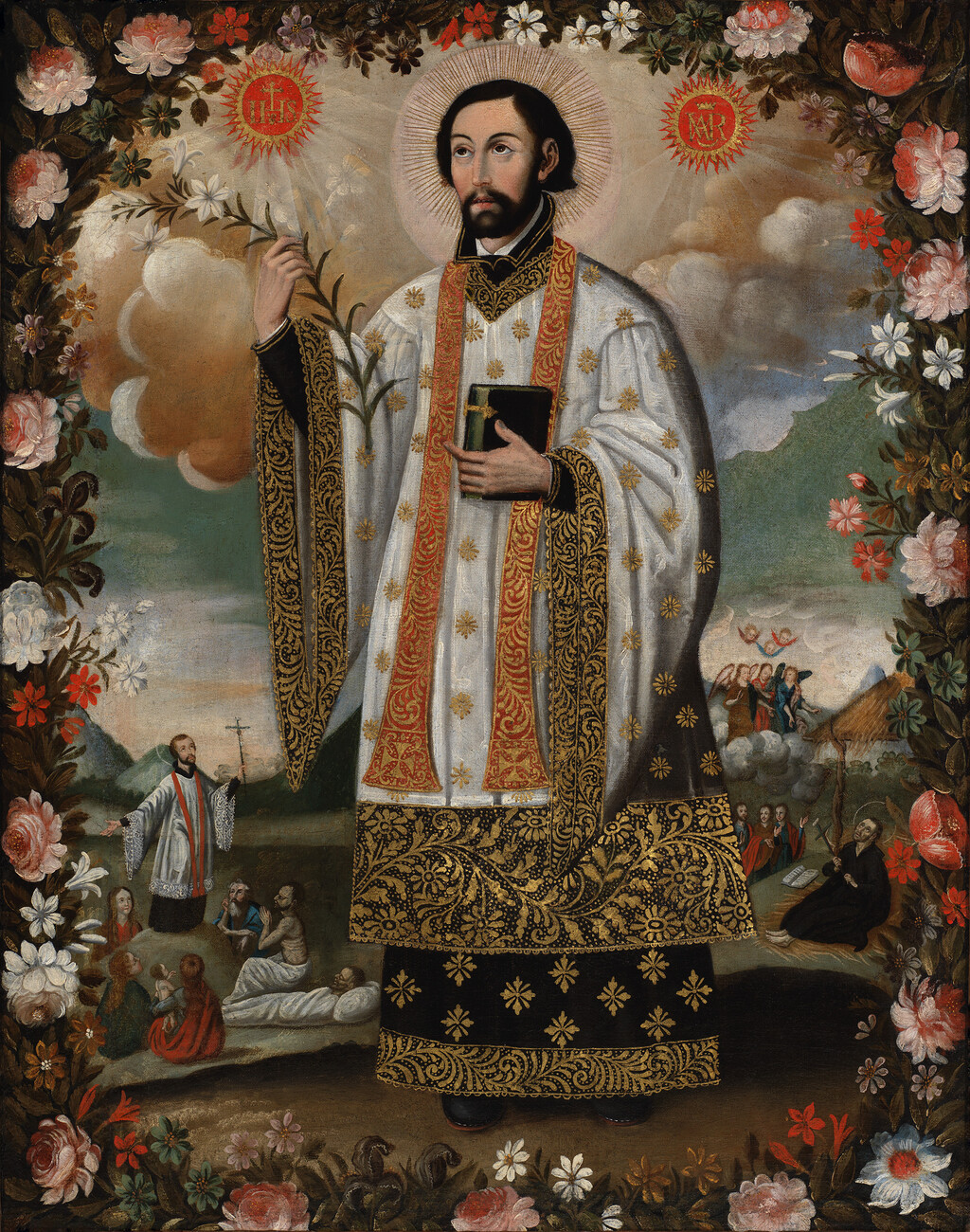 man in robe holding bible surrounded by outdoor scene in a frame of flowers