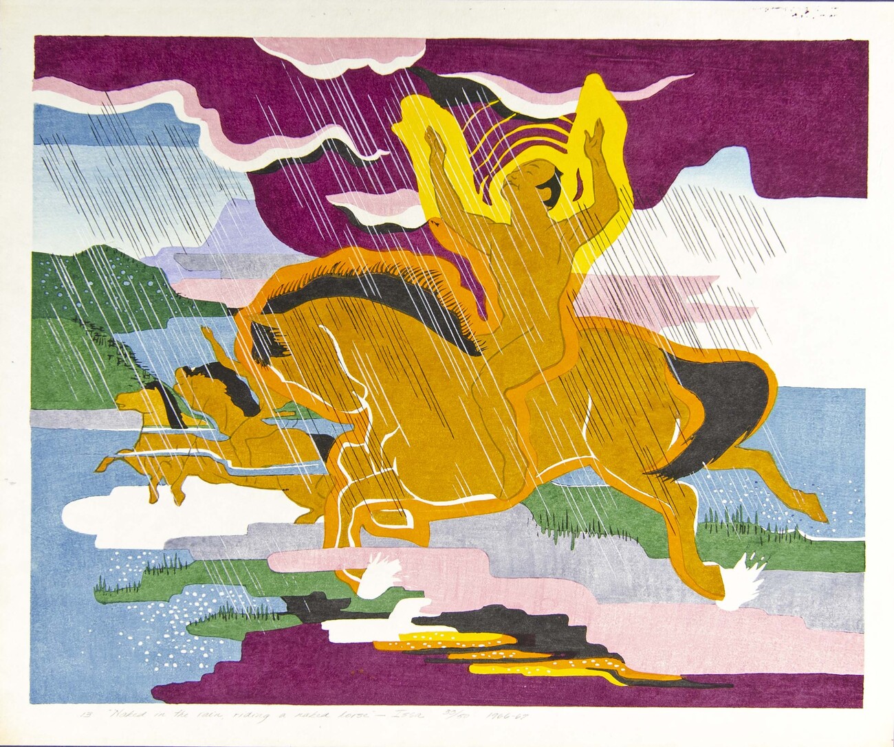 person riding horse with arms raised. magenta, blue, and green abstracted landscape behind