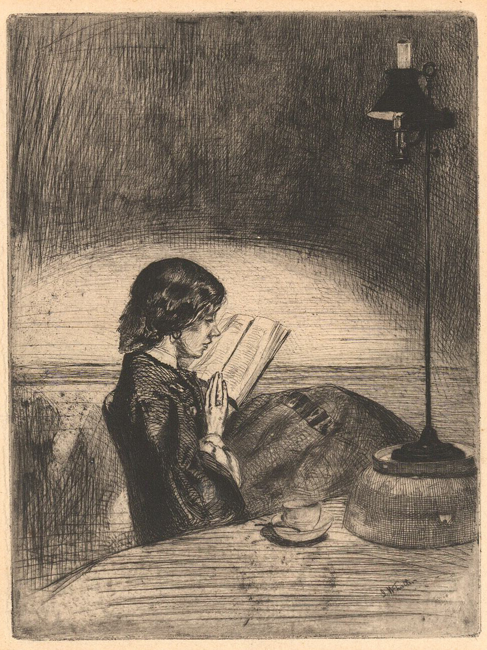 etching of woman reading in a dark room