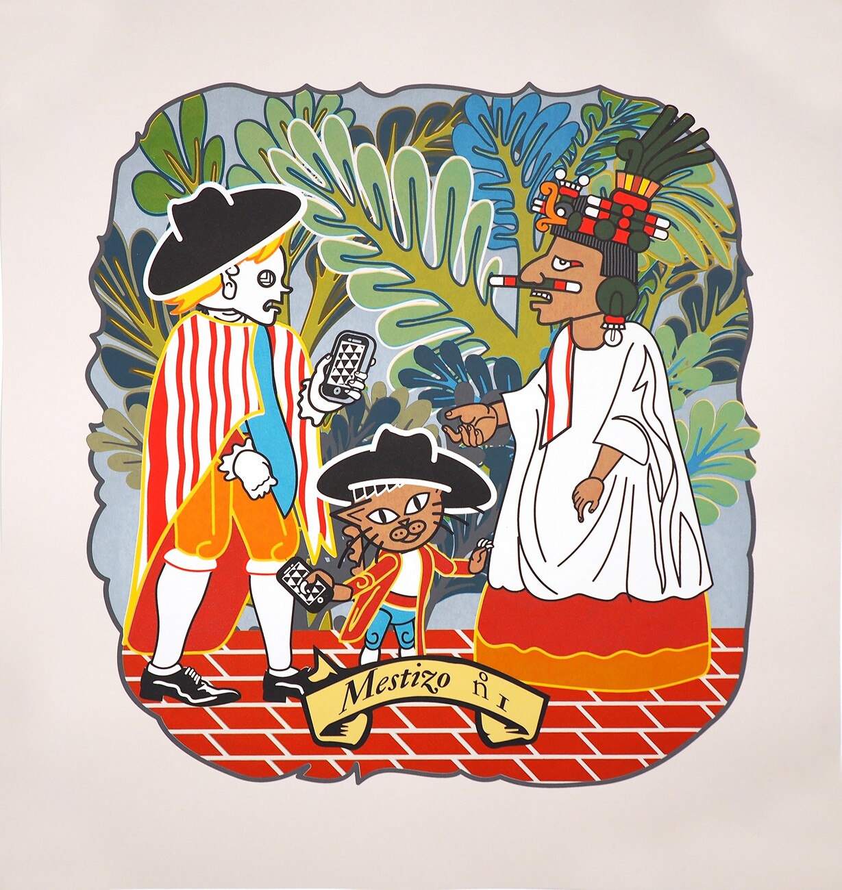 colorful print of 3 figures with caption "Mestizo no 1"