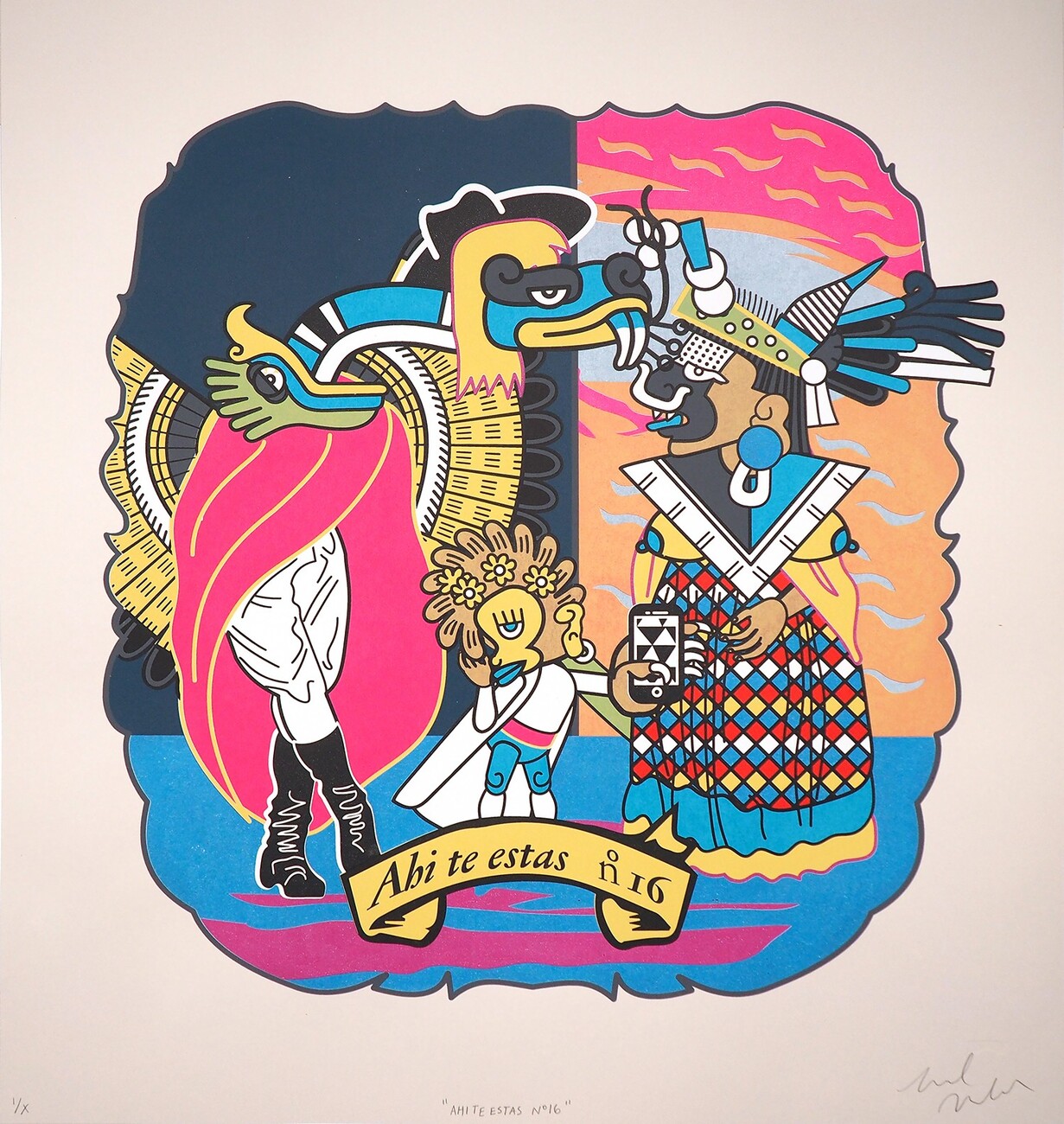 colorful print of 4 figures with caption "Ahi te estas no 16"