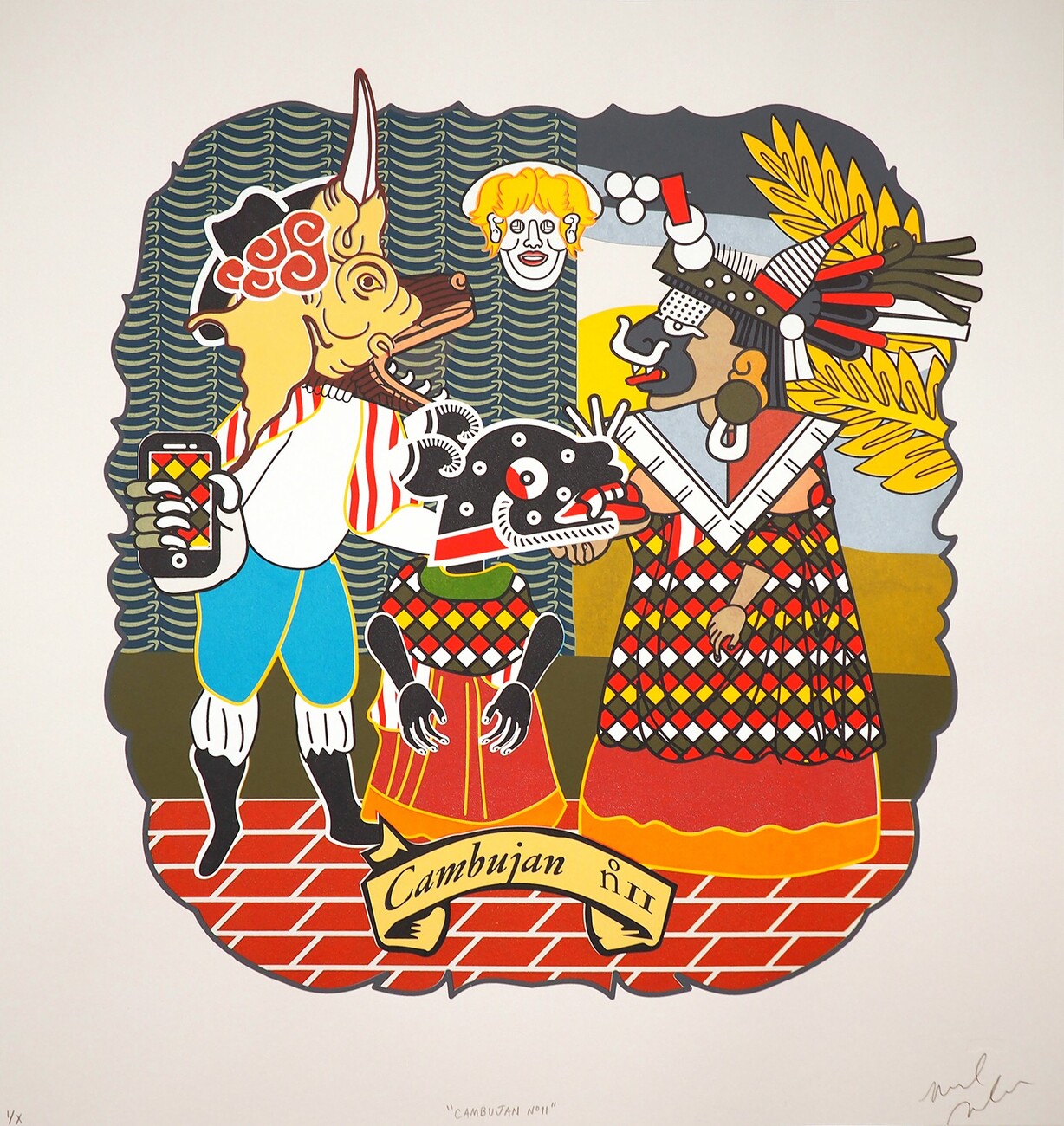colorful print of 3 figures with caption "Cambujan no 11"