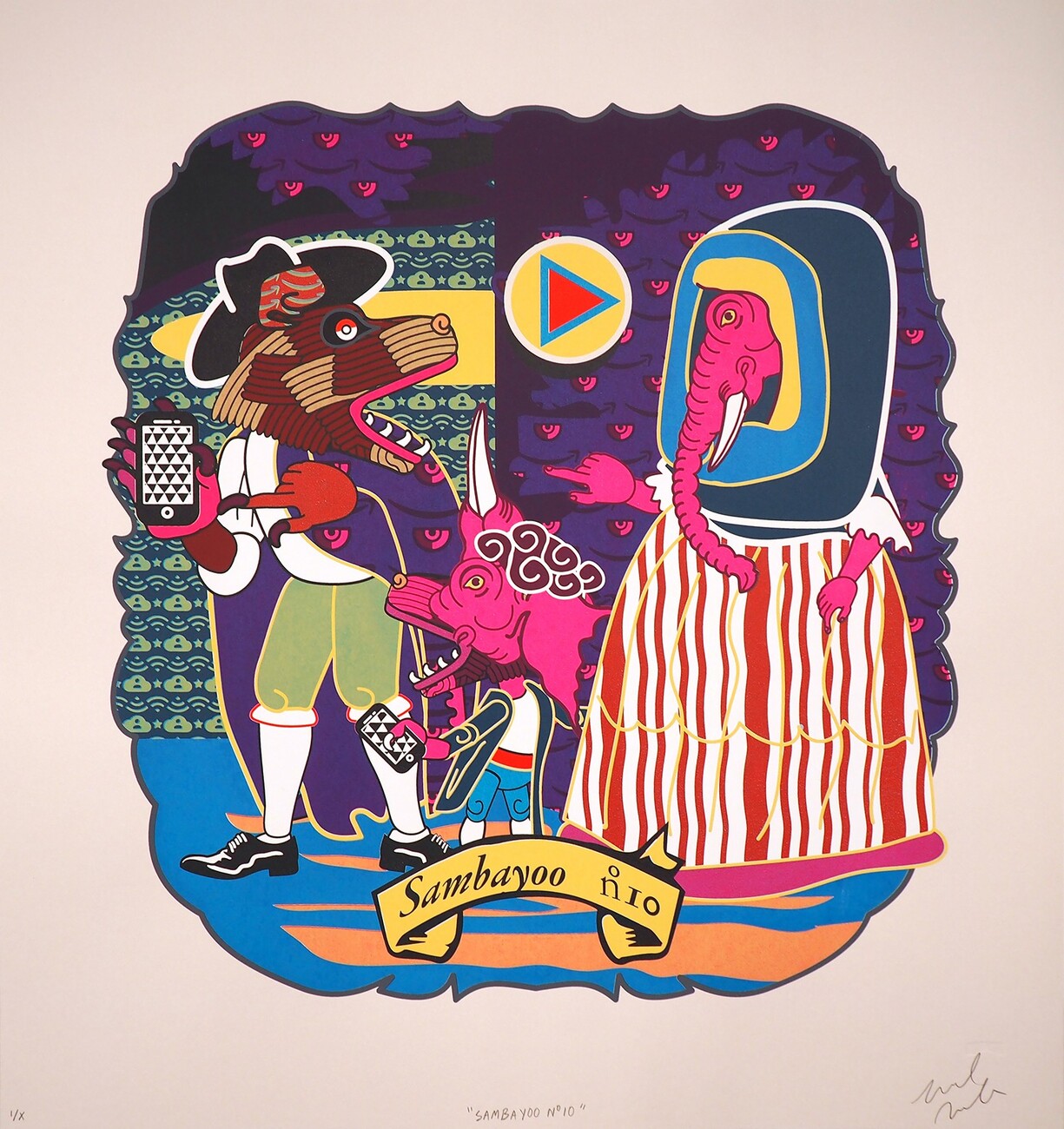 colorful print of 3 figures with caption "Sambayoo no 10"