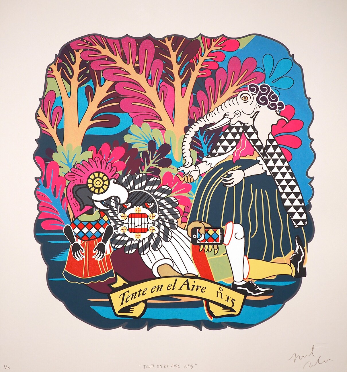 colorful print with 3 figures "Tente en el Aire no 15"