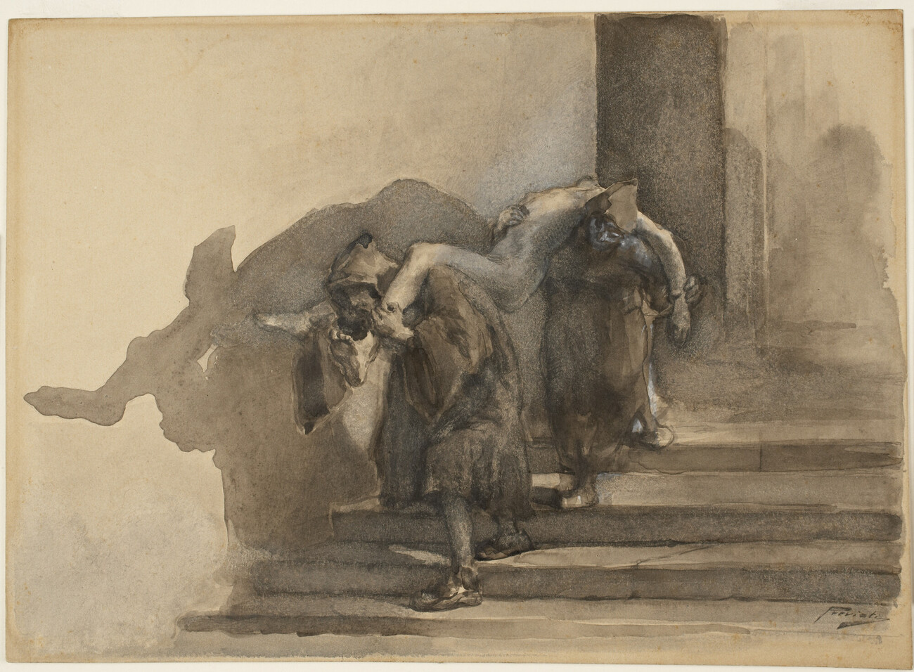 ink drawing of two figures on a staircase