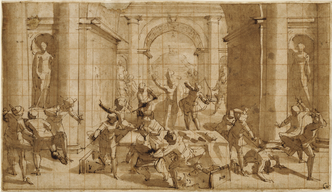 scene of unfinished figures and architectural features