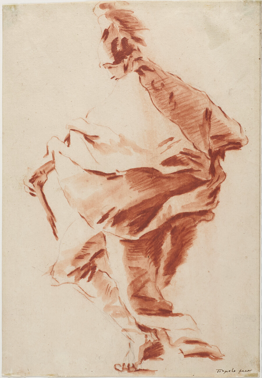 drawing in red of cloaked figure
