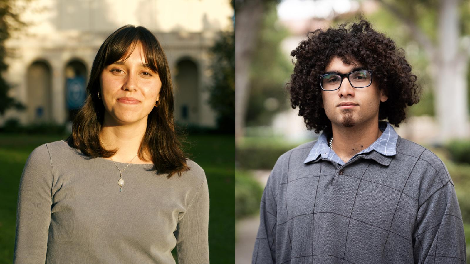 Two students pose for a photo on campus. 