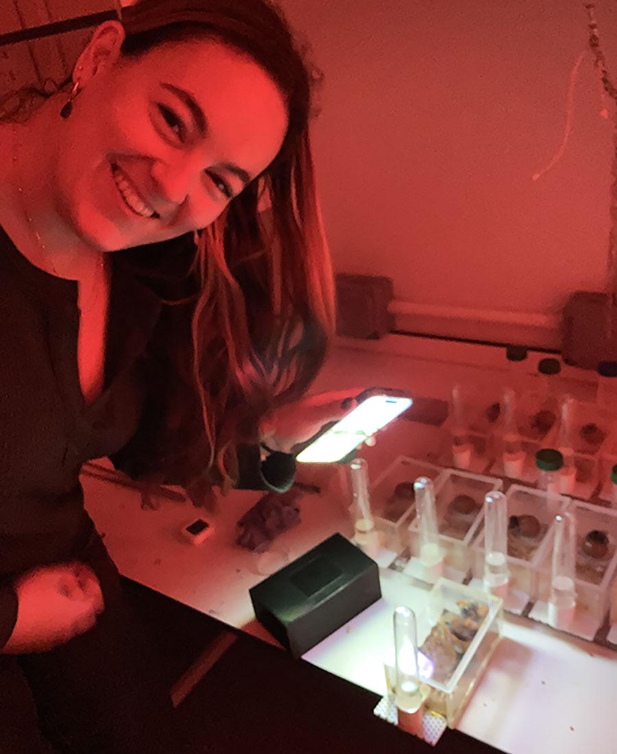 Sofia Dartnell in bee lab with red light 