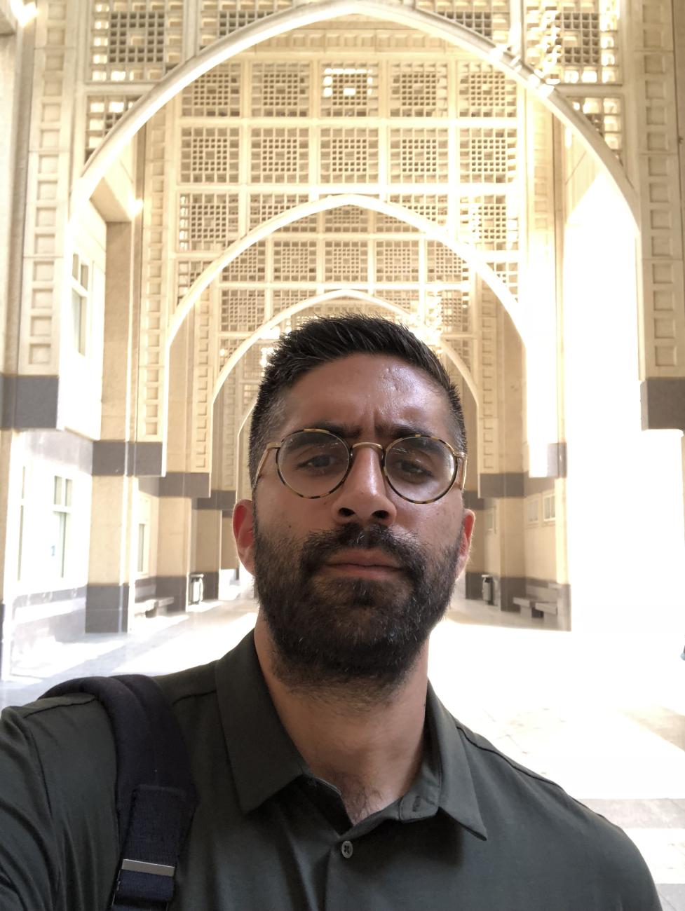 Omer Shah takes a selfie inside a university in Mecca
