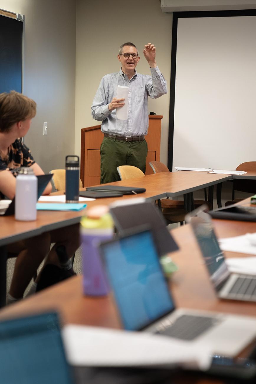 Professor Flueckiger teaching a class 