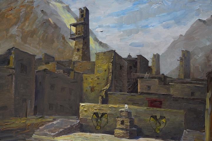 An oil painting of a Qiang village