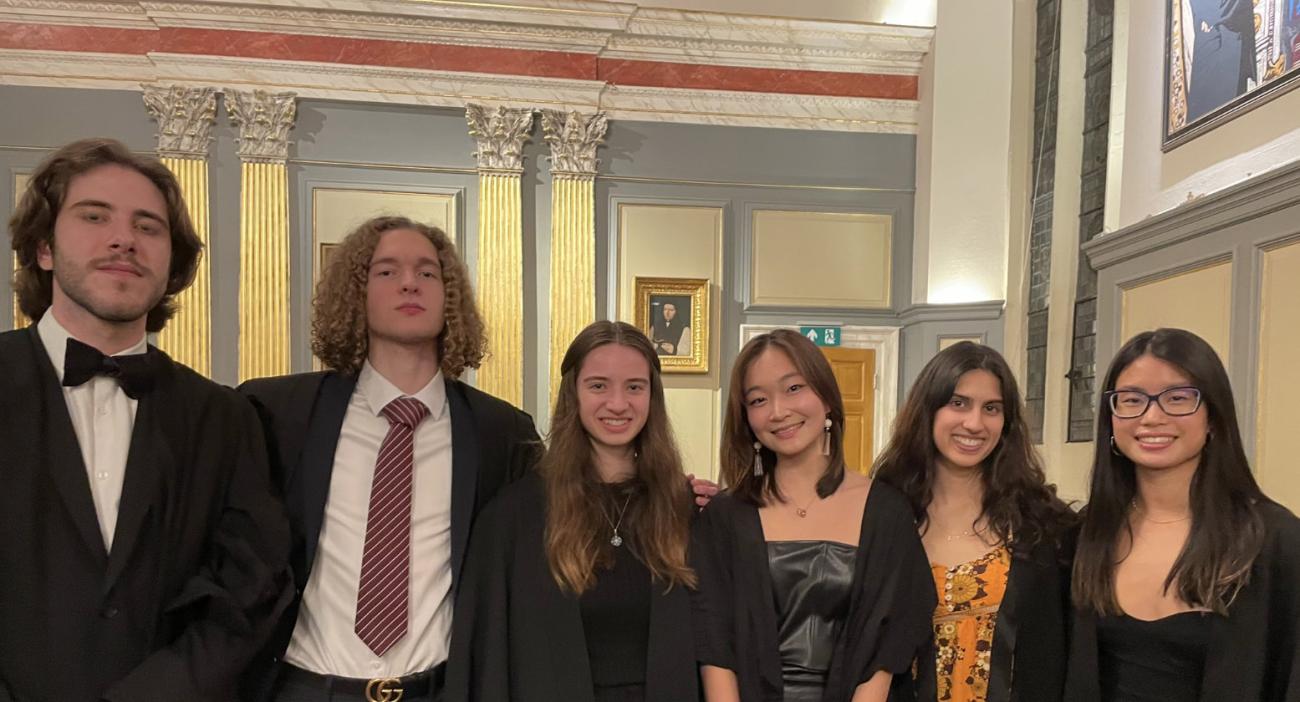 At a Jesus College Formal Dinner with fellow Pomona students Karin, Anya, Catherine, Will, and John