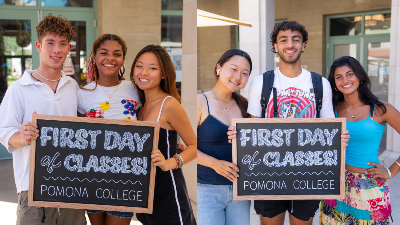 Students pose for photo holding sign that says "first day of class."