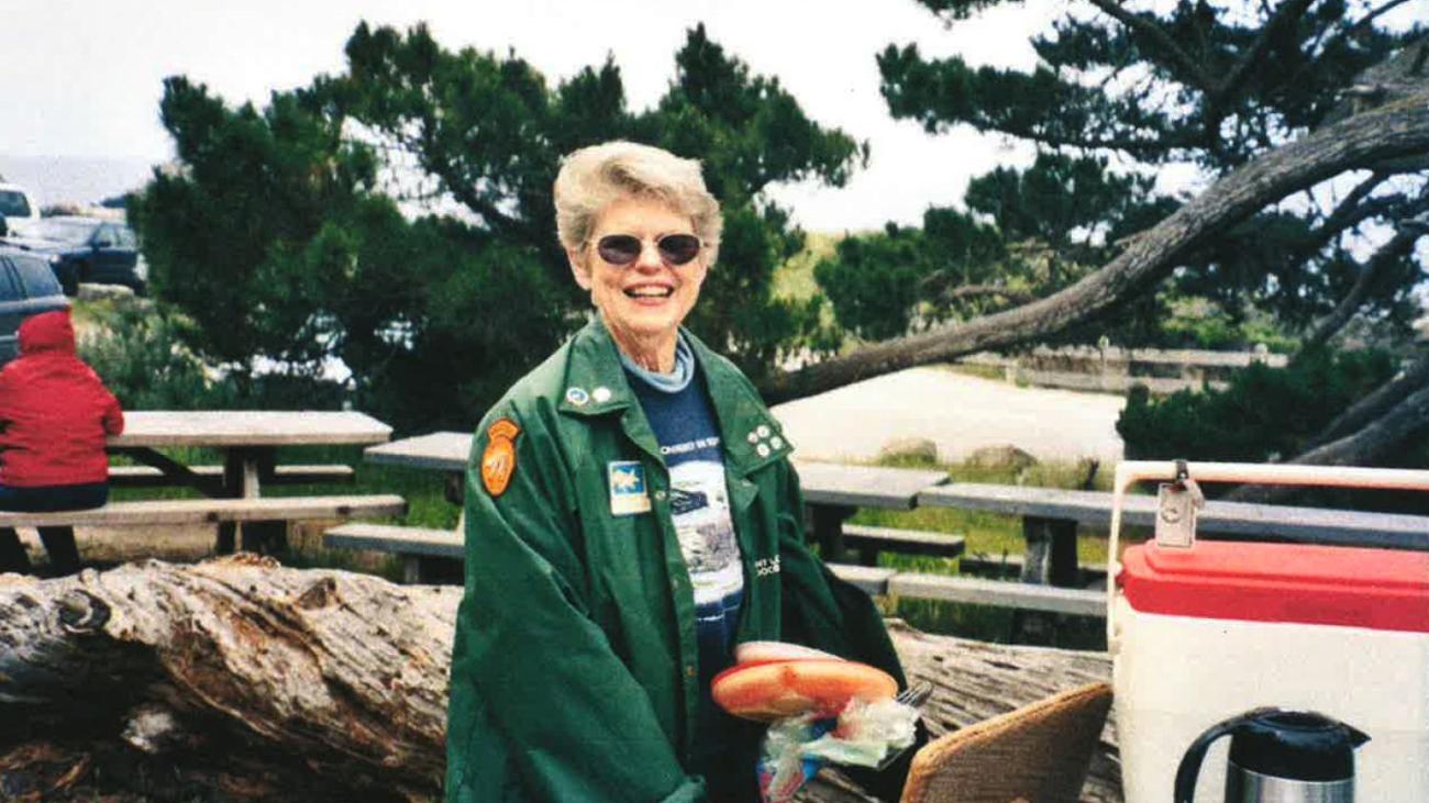 photo of sharon russell class of 1952 as a docent at Point Lobos State Reserve 