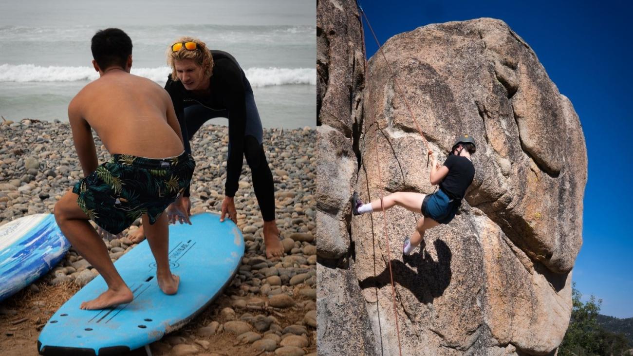 Male surfer taking a surfing lesson; female rock climber.