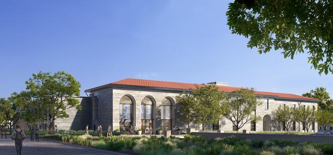 center for global engagement outdoor rendering of the east part of the center, facing north-west, with students walking outside