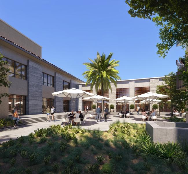 center for global engagement outdoor rendering, with students, faculty, and staff sitting and walking through an outdoor courtyard with tables and umbrellas