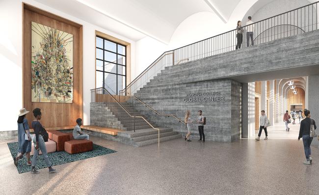 center for global engagement indoor rendering of an entrance, with students walking and talking