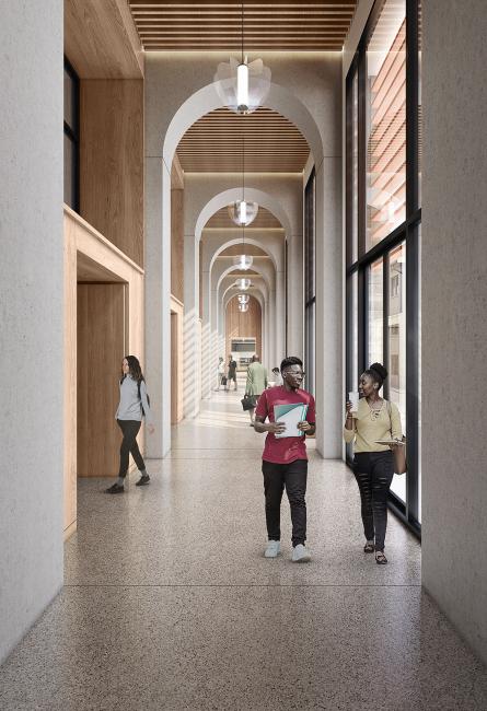 center for global engagement indoor rendering of a hallway with windows, with students walking and talking