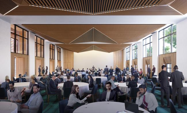 center for global engagement indoor rendering, with students, faculty, and staff sitting and walking around tables in a conference room setup
