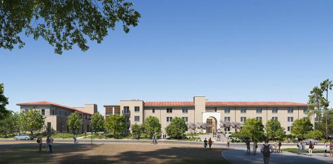 center for global engagement outdoor rendering, facing north, with students walking outside