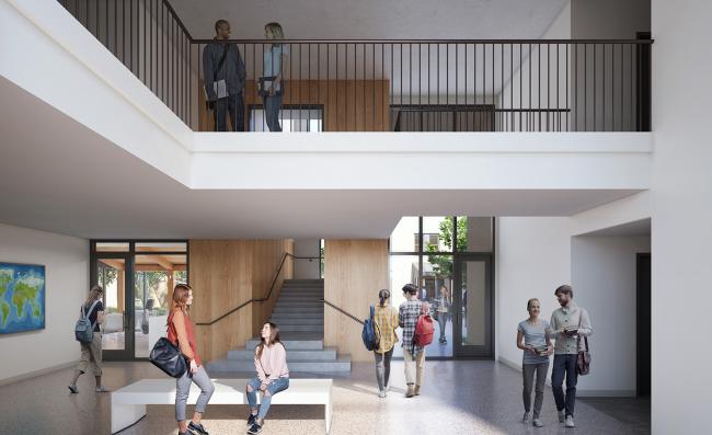 center for global engagement indoor rendering of an entryway/exit, a stairwell, and a second story walkway, with students walking, sitting, and talking