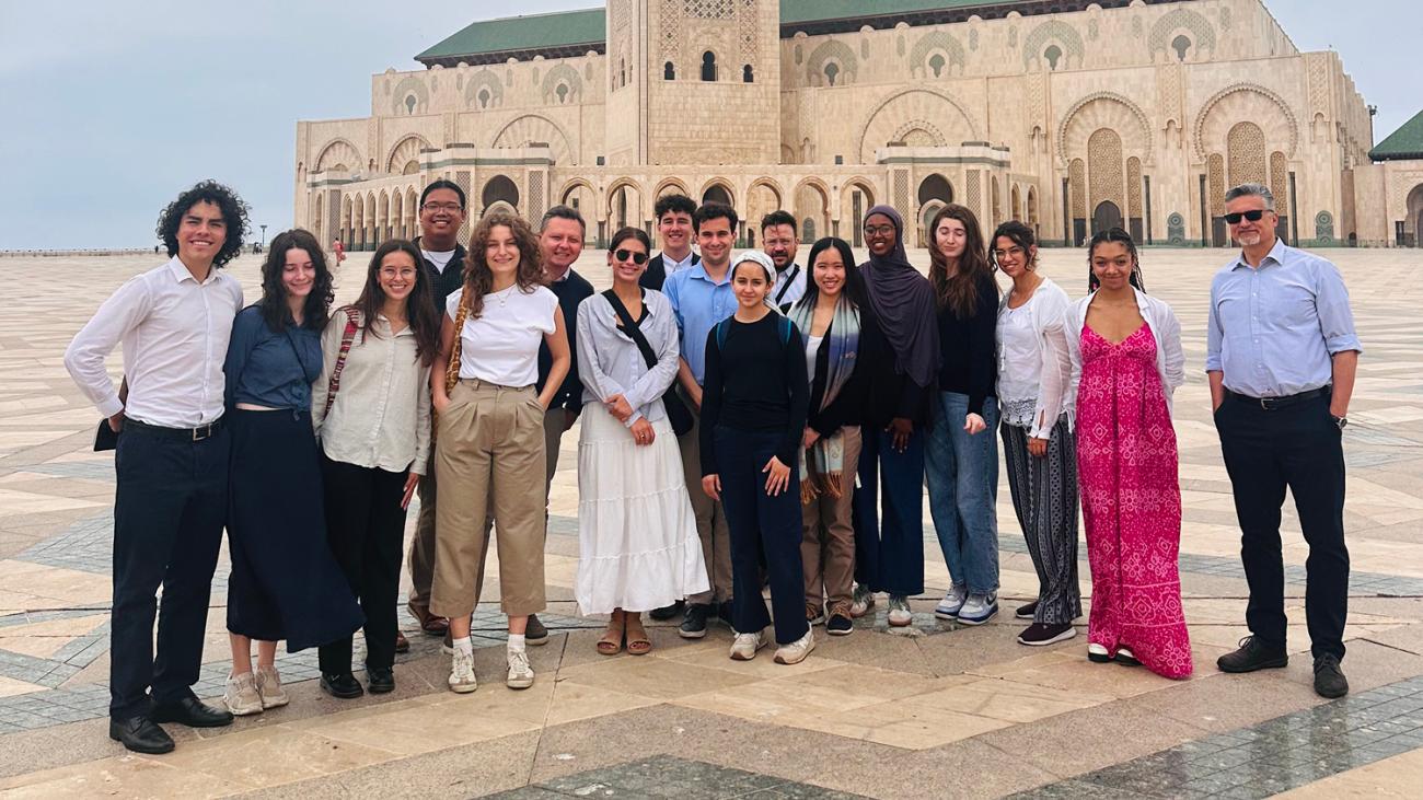 students and professors photo in front of Hassan II Mosque in Casablanca