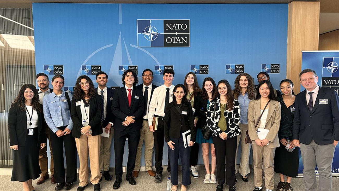 Boduszynski at NATO Headquarters with Pomona student participants in the Diplomacy and Human Rights summer program in May 2024.