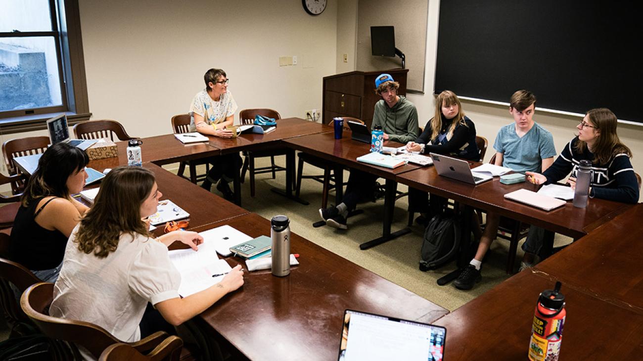  In class with Visiting Assistant Professor of Classics Jody Valentine.