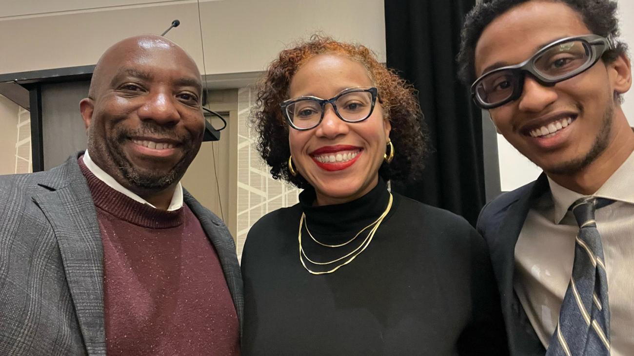 Professor Edray Goins, from left, Sonoma State University Associate Professor of Mathematics and Statistics Omayra Ortega ’01 and Tesfa Asmara ’24 at the 2025 Joint Mathematics Meetings in Seattle.