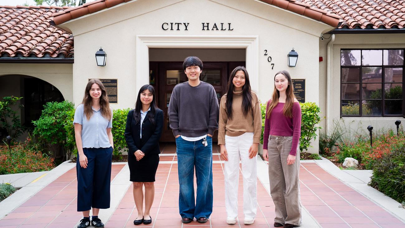 Five Pomona College interns standing outside in front of Claremont City Hall
